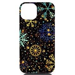 Gold Teal Snowflakes Gold Abstract Christmas Iphone 14 Black Uv Print Case by Bedest