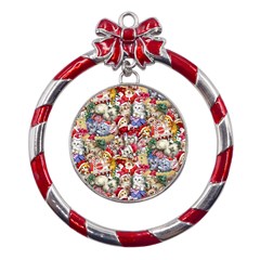 Pattern Kitten Christmas Metal Red Ribbon Round Ornament