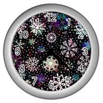 Shiny Winter Snowflake Abstract Christmas Cold Crystal December Wall Clock (Silver) Front