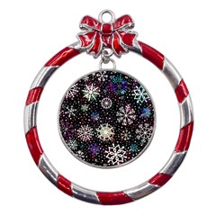 Shiny Winter Snowflake Abstract Christmas Cold Crystal December Metal Red Ribbon Round Ornament