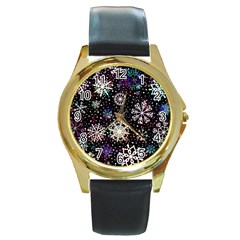 Shiny Winter Snowflake Abstract Christmas Cold Crystal December Round Gold Metal Watch by Bedest