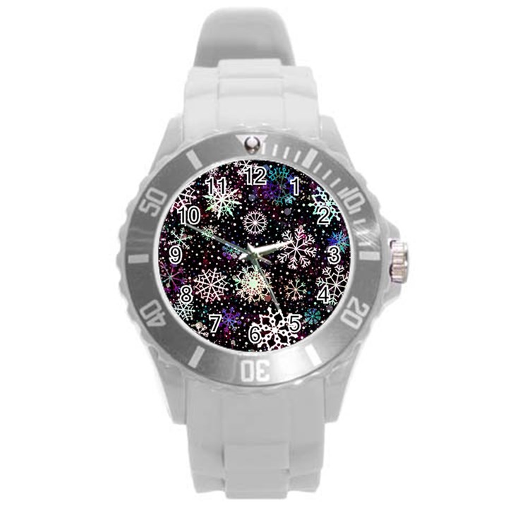 Shiny Winter Snowflake Abstract Christmas Cold Crystal December Round Plastic Sport Watch (L)