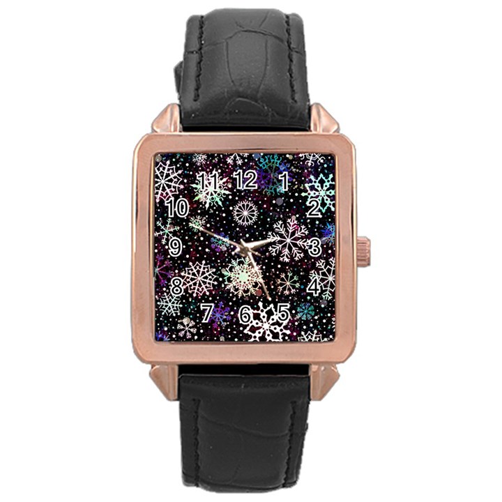 Shiny Winter Snowflake Abstract Christmas Cold Crystal December Rose Gold Leather Watch 