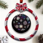 Shiny Winter Snowflake Abstract Christmas Cold Crystal December Metal Red Ribbon Round Ornament Front