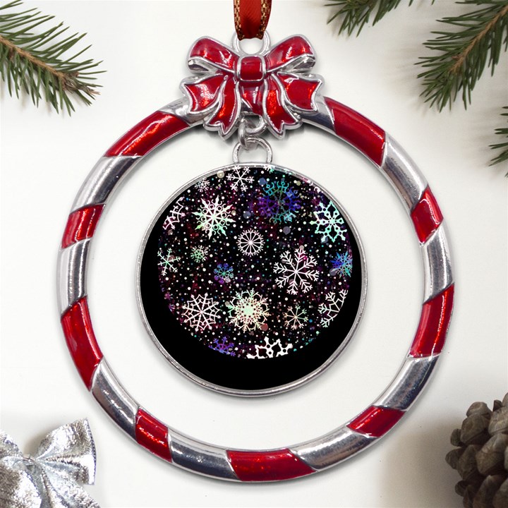 Shiny Winter Snowflake Abstract Christmas Cold Crystal December Metal Red Ribbon Round Ornament