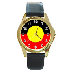 Aboriginal Flag On Round Leather Watch (gold Rim) 