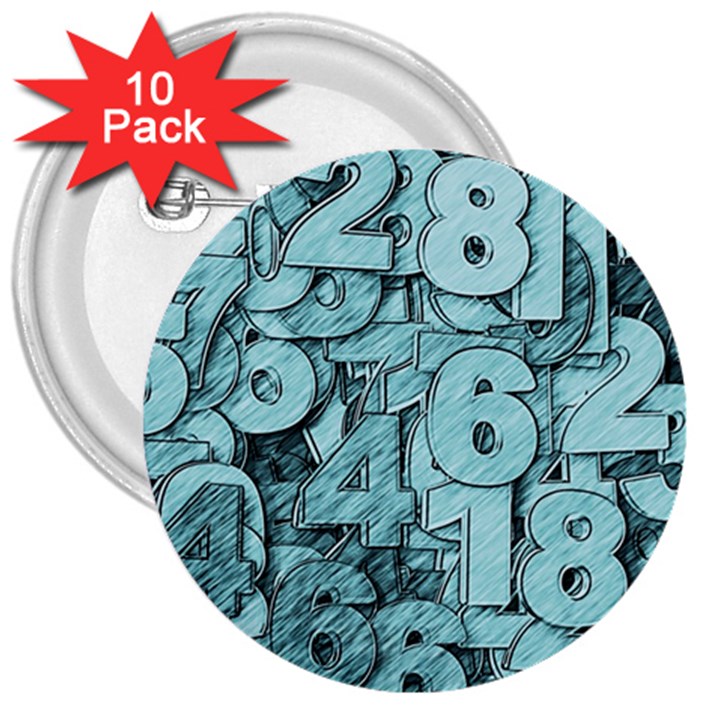 Blue Digits Background, Artwork, Numbers 3  Buttons (10 pack) 