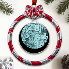 Blue Digits Background, Artwork, Numbers Metal Red Ribbon Round Ornament by kyorashop23