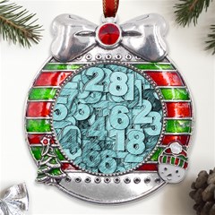 Blue Digits Background, Artwork, Numbers Metal X mas Ribbon With Red Crystal Round Ornament by kyorashop23