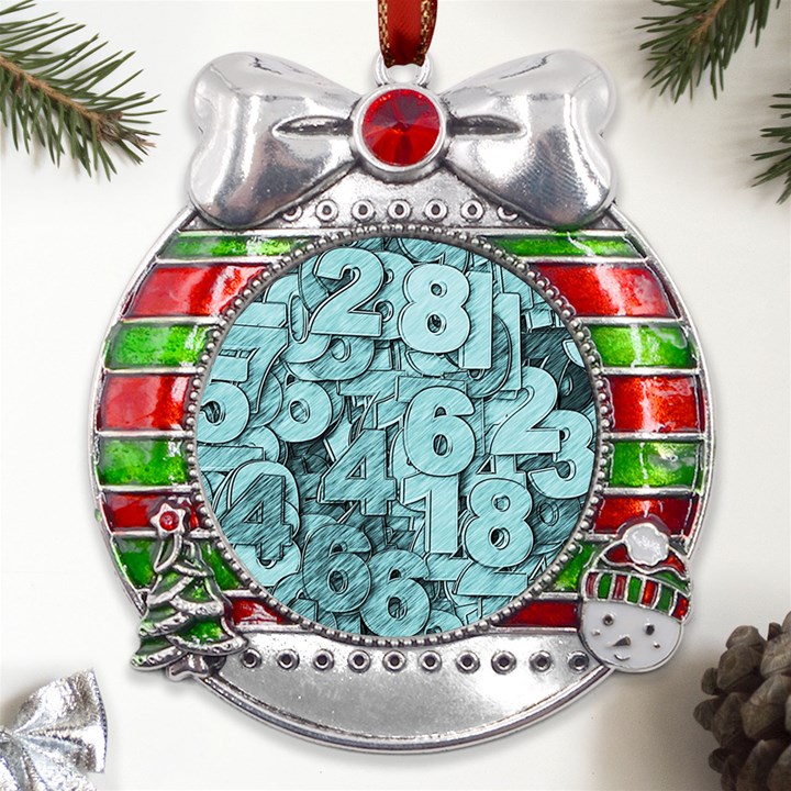 Blue Digits Background, Artwork, Numbers Metal X Mas Ribbon With Red Crystal Round Ornament