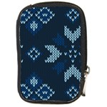 Blue Knitted Texture, Blue Christmas Background, Art Compact Camera Leather Case Front