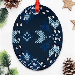 Blue Knitted Texture, Blue Christmas Background, Art Oval Filigree Ornament (two Sides)