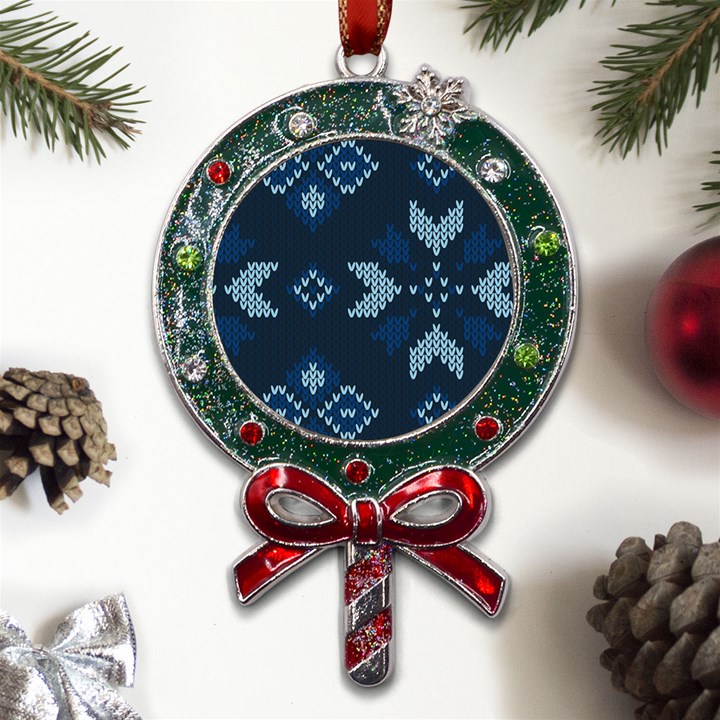 Blue Knitted Texture, Blue Christmas Background, Art Metal X Mas Lollipop with Crystal Ornament