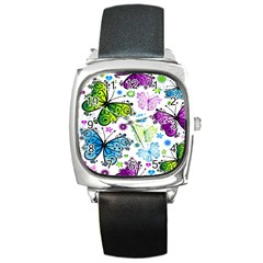 Butterflies, Abstract, Background, Colorful Square Metal Watch by kyorashop23