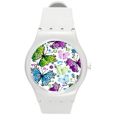 Butterflies, Abstract, Background, Colorful Round Plastic Sport Watch (m)