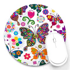 Butterflies, Abstract, Colorful, Floral, Flowers Round Mousepad by kyorashop23