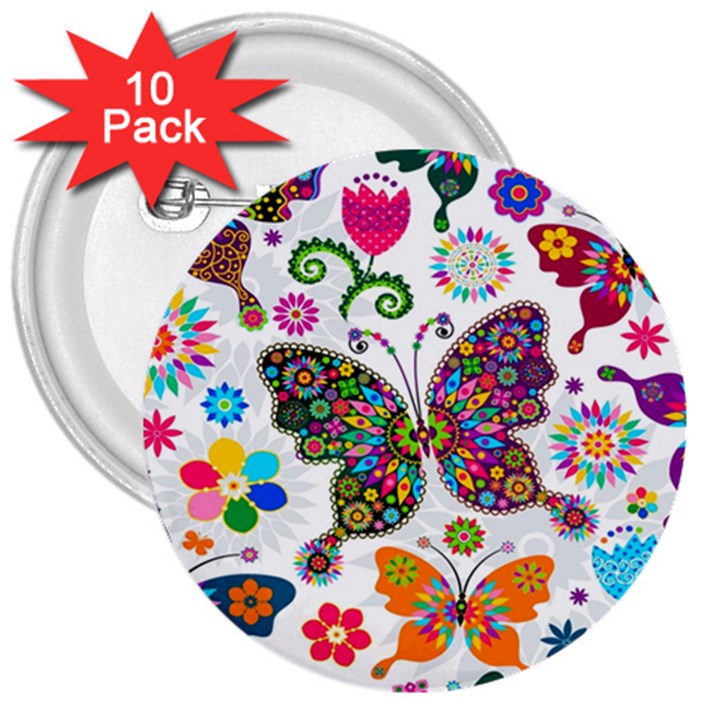 Butterflies, Abstract, Colorful, Floral, Flowers 3  Buttons (10 pack) 