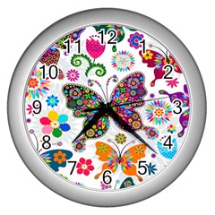 Butterflies, Abstract, Colorful, Floral, Flowers Wall Clock (silver) by kyorashop23