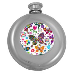 Butterflies, Abstract, Colorful, Floral, Flowers Round Hip Flask (5 Oz) by kyorashop23