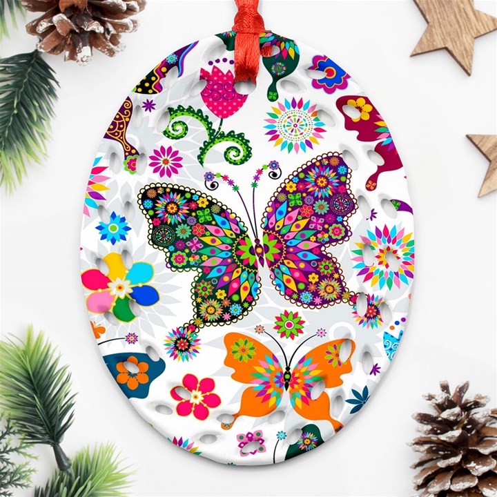 Butterflies, Abstract, Colorful, Floral, Flowers Ornament (Oval Filigree)