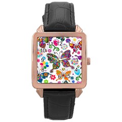 Butterflies, Abstract, Colorful, Floral, Flowers Rose Gold Leather Watch  by kyorashop23