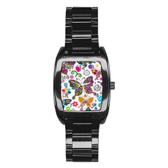 Butterflies, Abstract, Colorful, Floral, Flowers Stainless Steel Barrel Watch by kyorashop23