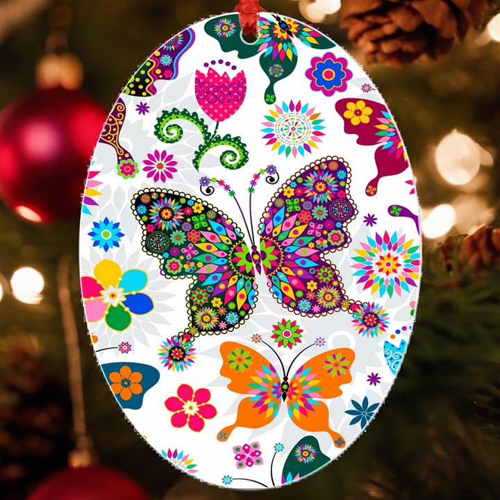 Butterflies, Abstract, Colorful, Floral, Flowers UV Print Acrylic Ornament Oval