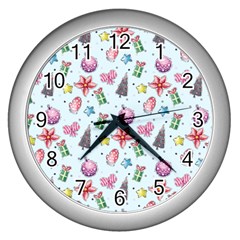 Christmas Decorations Pattern, Xmas Backgrounds Wall Clock (silver) by kyorashop23