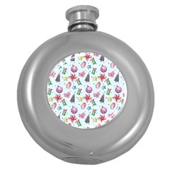 Christmas Decorations Pattern, Xmas Backgrounds Round Hip Flask (5 Oz) by kyorashop23