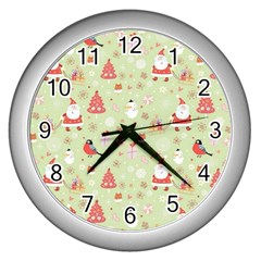 Christmas Pattern, Christmas Tree, Santa Wall Clock (silver) by kyorashop23