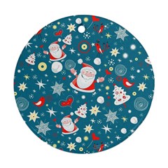 Christmas Pattern, Pattern, Christmas, Santa, Blue Ornament (Round)