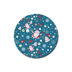 Christmas Pattern, Pattern, Christmas, Santa, Blue Rubber Coaster (Round)