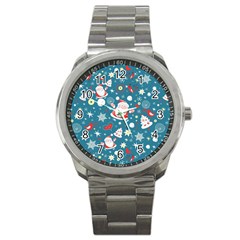 Christmas Pattern, Pattern, Christmas, Santa, Blue Sport Metal Watch by kyorashop23