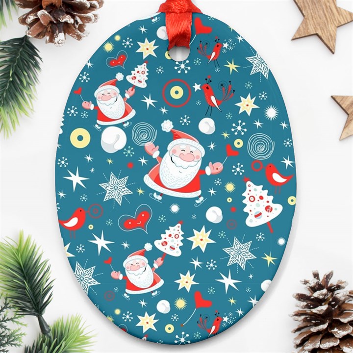 Christmas Pattern, Pattern, Christmas, Santa, Blue Oval Ornament (Two Sides)