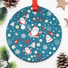 Christmas Pattern, Pattern, Christmas, Santa, Blue Round Ornament (two Sides)