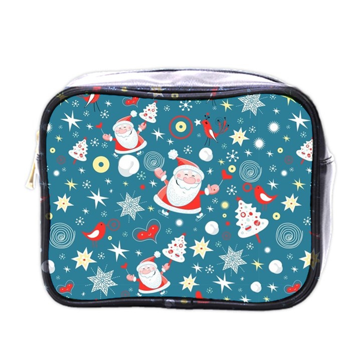 Christmas Pattern, Pattern, Christmas, Santa, Blue Mini Toiletries Bag (One Side)