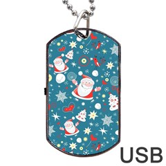 Christmas Pattern, Pattern, Christmas, Santa, Blue Dog Tag Usb Flash (one Side)