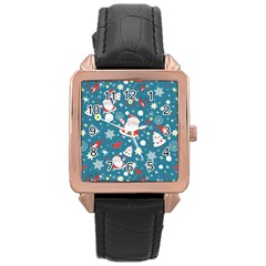 Christmas Pattern, Pattern, Christmas, Santa, Blue Rose Gold Leather Watch 