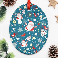 Christmas Pattern, Pattern, Christmas, Santa, Blue Ornament (oval Filigree)