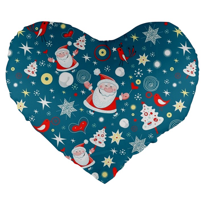 Christmas Pattern, Pattern, Christmas, Santa, Blue Large 19  Premium Flano Heart Shape Cushions