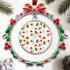 Christmas Pattern, Pattern, Christmas, Trees, Santa Metal X mas Wreath Ribbon Ornament by kyorashop23