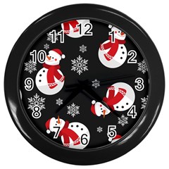 Christmas Texture, Retro Background With Snowmen Wall Clock (black) by kyorashop23