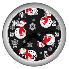 Christmas Texture, Retro Background With Snowmen Wall Clock (silver) by kyorashop23