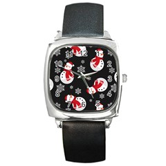 Christmas Texture, Retro Background With Snowmen Square Metal Watch by kyorashop23