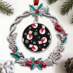 Christmas Texture, Retro Background With Snowmen Metal X mas Wreath Holly Leaf Ornament by kyorashop23