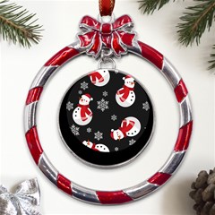 Christmas Texture, Retro Background With Snowmen Metal Red Ribbon Round Ornament by kyorashop23