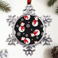 Christmas Texture, Retro Background With Snowmen Metal Large Snowflake Ornament by kyorashop23