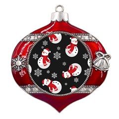 Christmas Texture, Retro Background With Snowmen Metal Snowflake And Bell Red Ornament