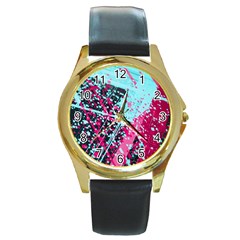 Colorful Splashes Grunge, Abstract Art Round Gold Metal Watch by kyorashop23