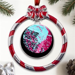 Colorful Splashes Grunge, Abstract Art Metal Red Ribbon Round Ornament by kyorashop23